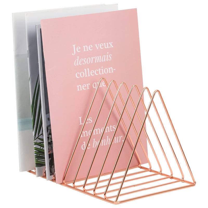 EASEPRES Rose Gold Magazine Holder, Desktop File Sorter Organizer Triangle 9 Slot Newspaper Record Storage Shelf Rack for Home Office Decoration - Image 1